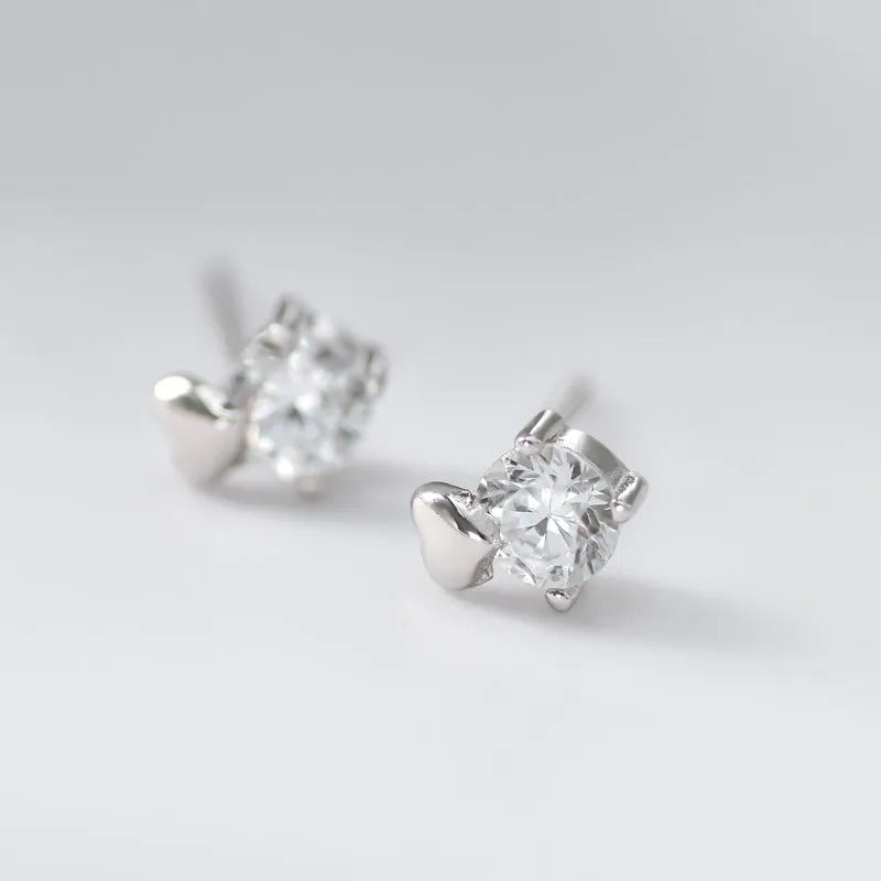Round Zircon with Heart Silver Stud Earrings for Women