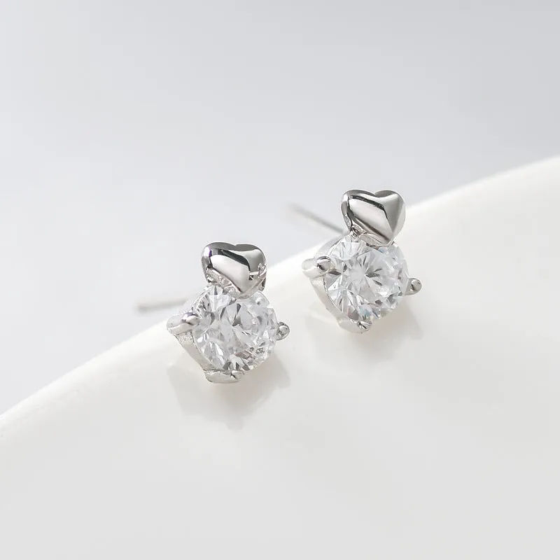 Round Zircon with Heart Silver Stud Earrings for Women