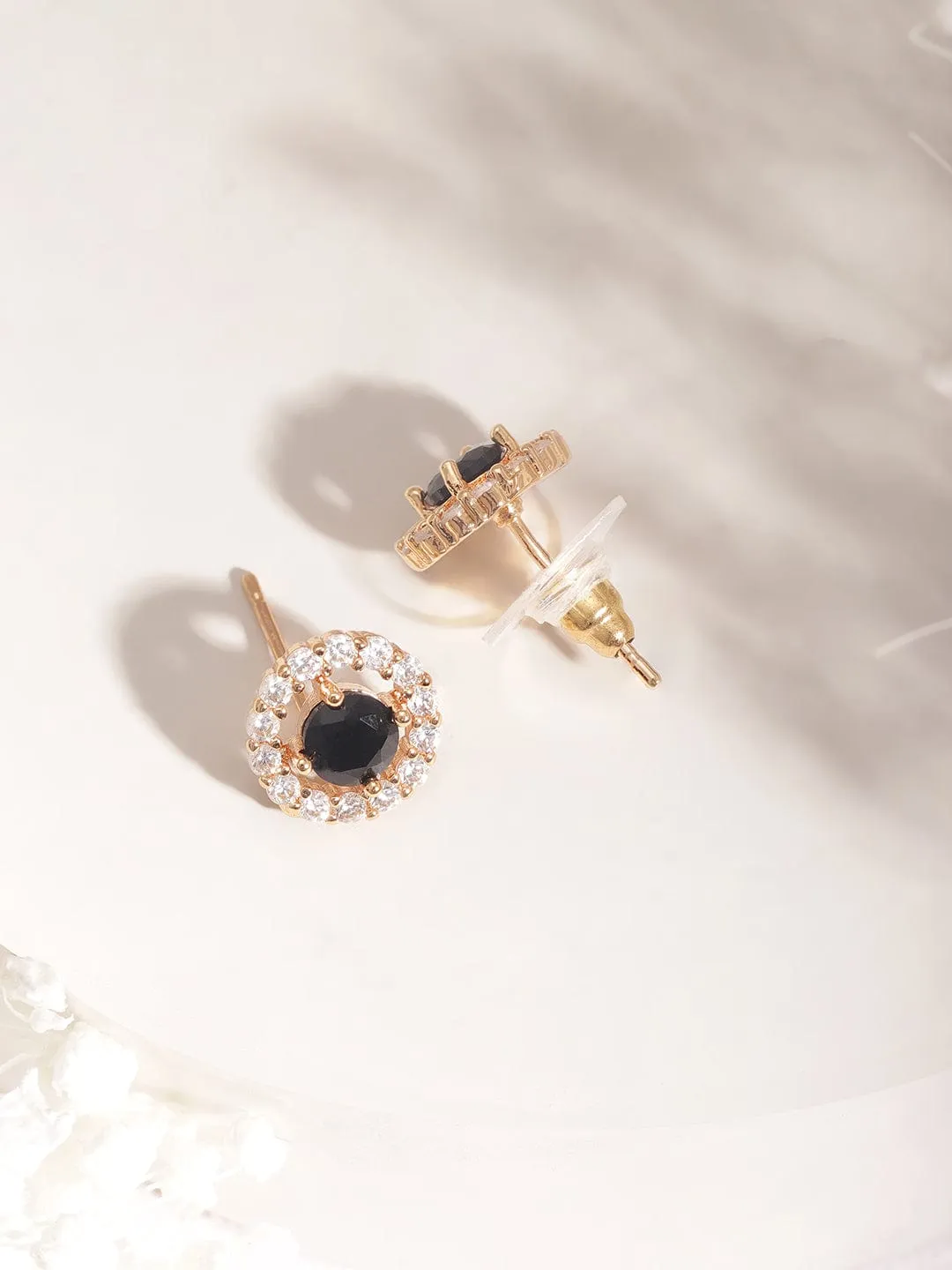 Rubans 22KT Gold Plated Cubic Zirconia Studded Circular Stud Earrings