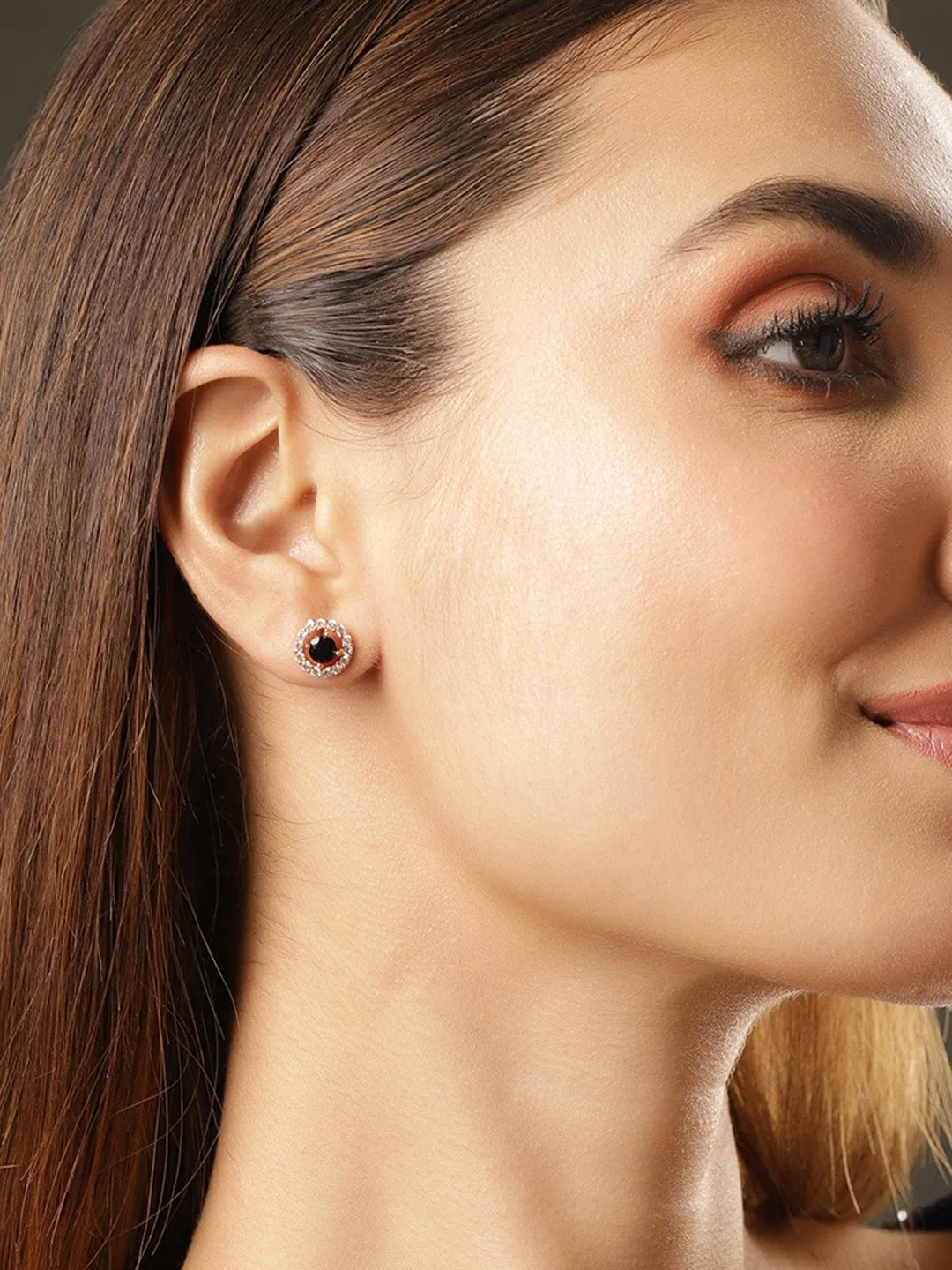 Rubans 22KT Gold Plated Cubic Zirconia Studded Circular Stud Earrings