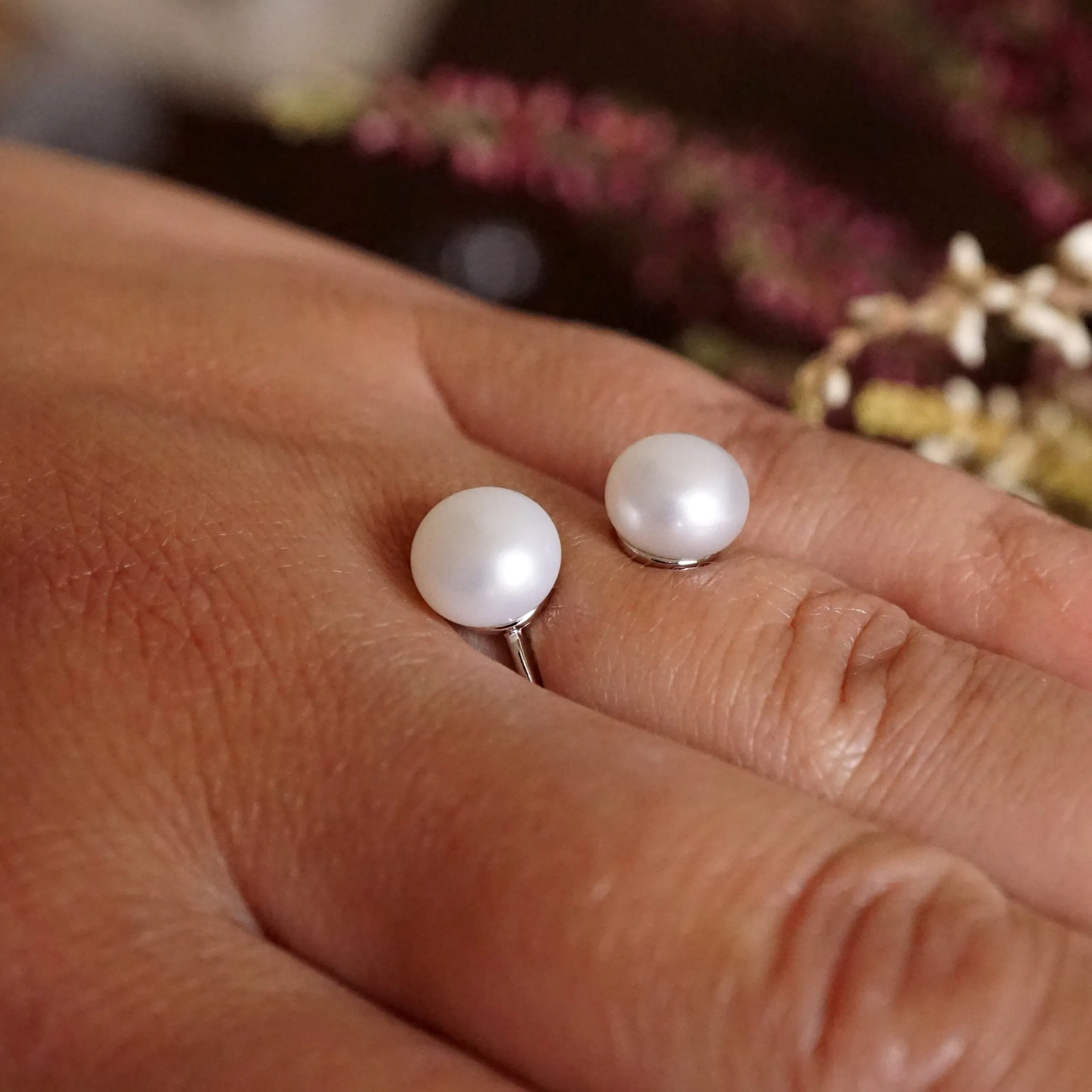 Ruby X - Adjustable double fresh water pearl silver ring