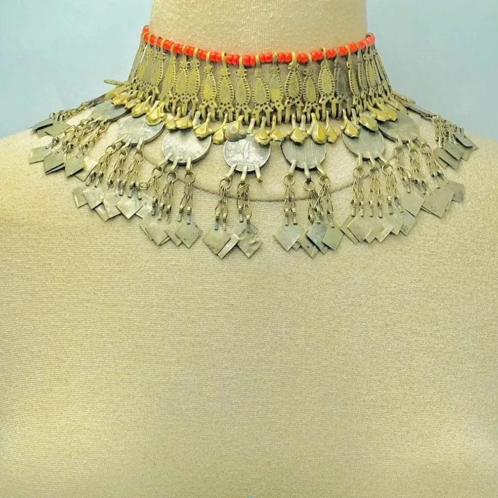 Rustic Choker Necklace with Golden Metal Motifs and Vintage Coins
