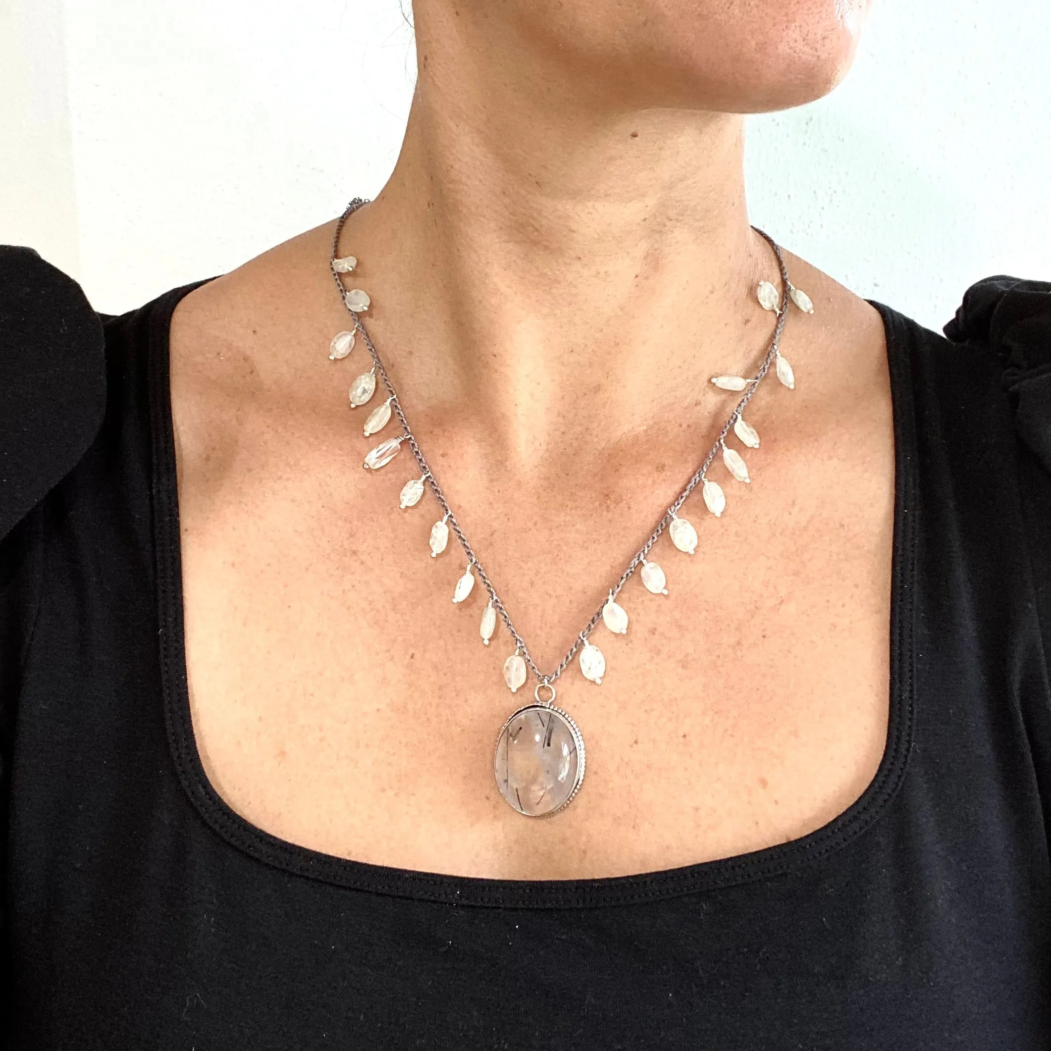 Rutile pendant with quartz crochet necklaces
