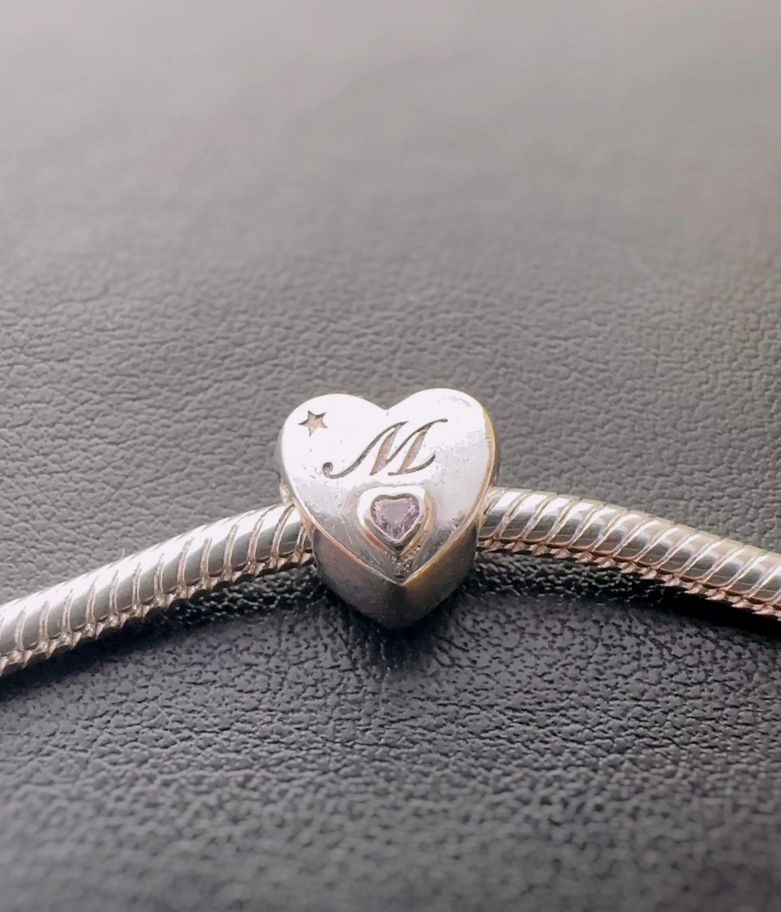S925 Silver New Alphabet Initial Letter M Heart Charm For Bracelet and Necklace
