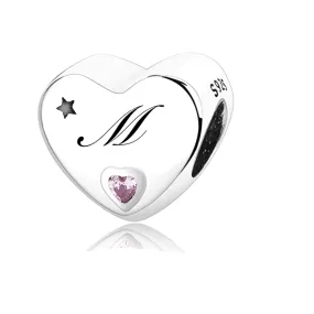 S925 Silver New Alphabet Initial Letter M Heart Charm For Bracelet and Necklace