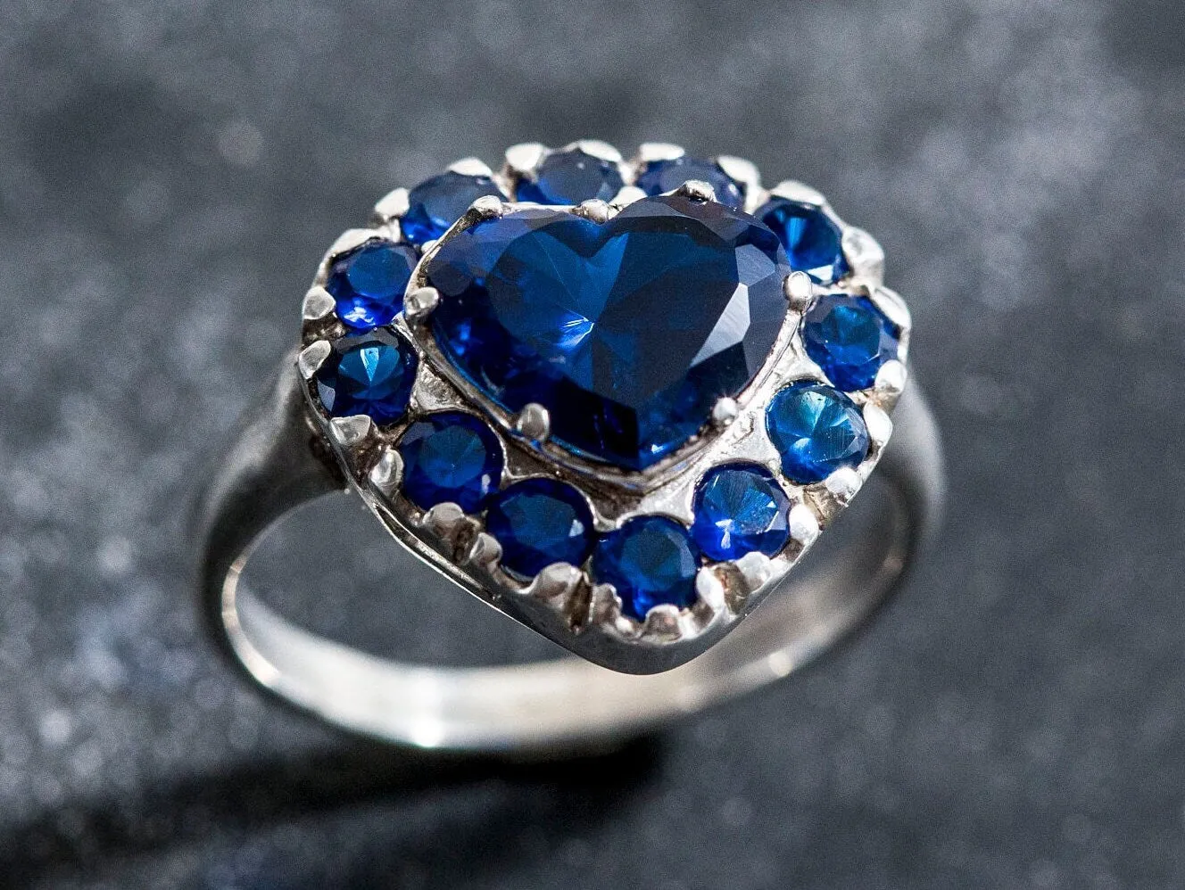 Sapphire Heart Ring - Blue Statement Ring, Vintage Promise Ring