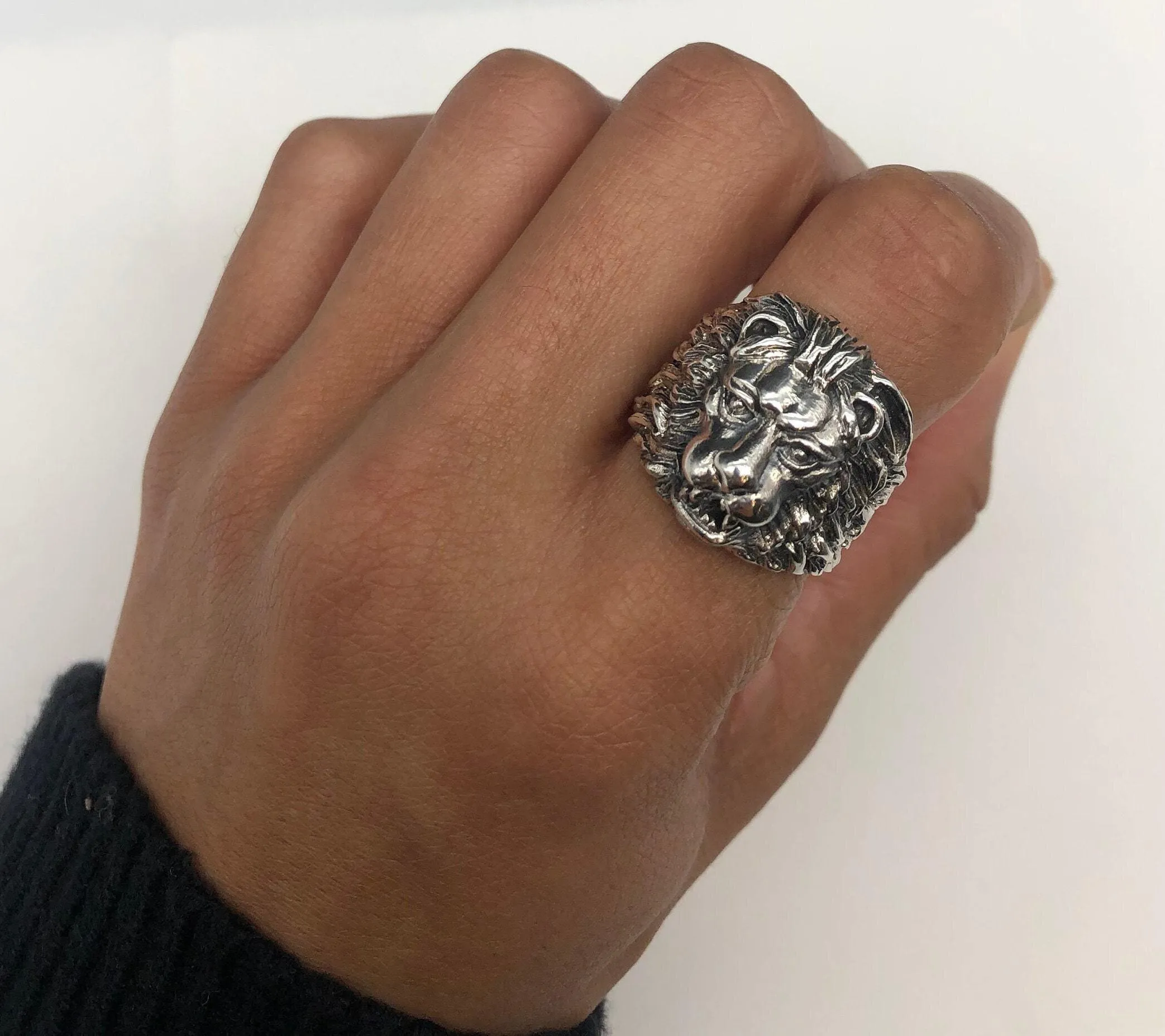 Silver Lion Ring - Lion Head Ring - Animal Statement Ring