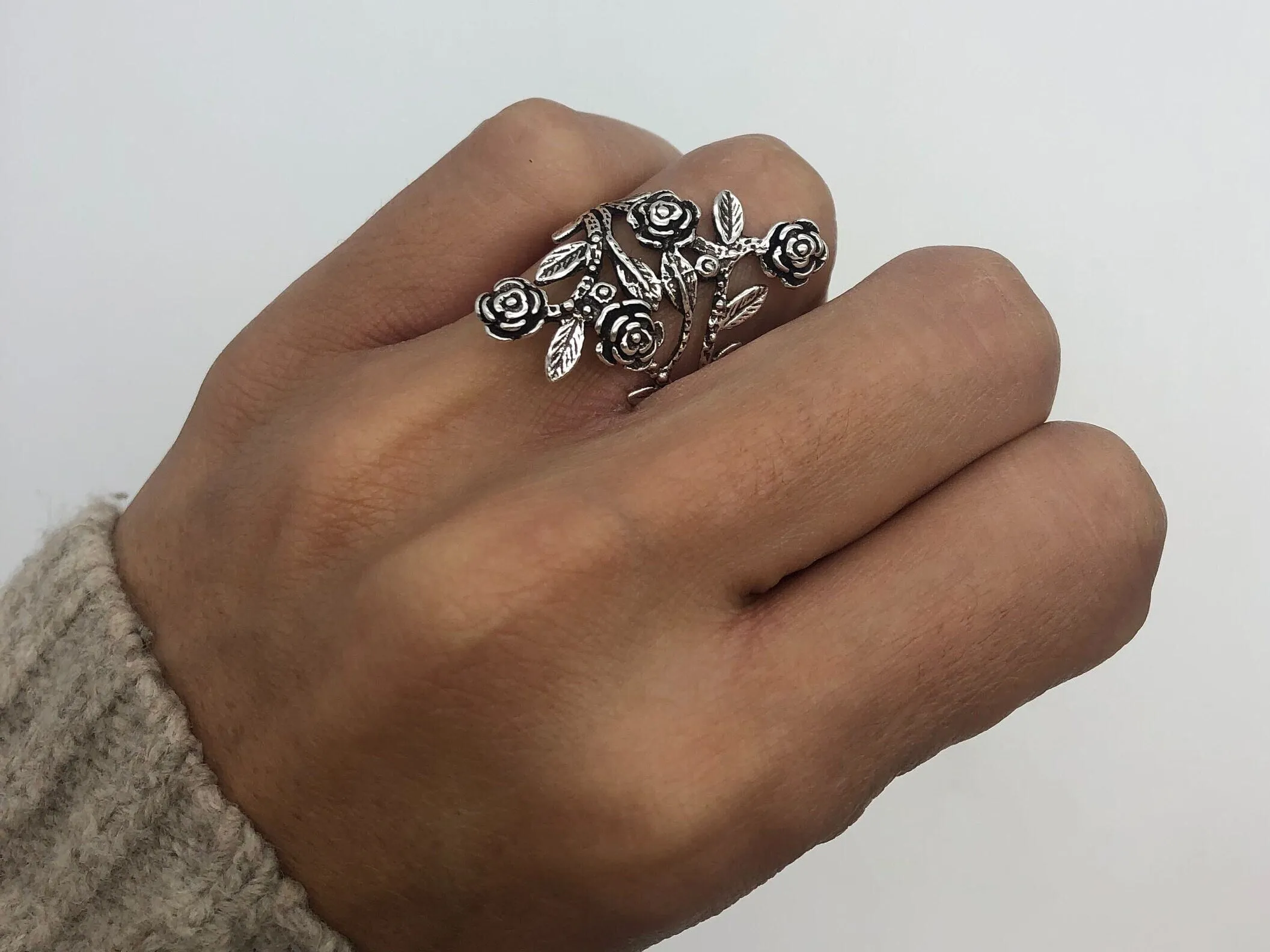Silver Rose Ring - Long Flower Ring - Silver Flower Ring