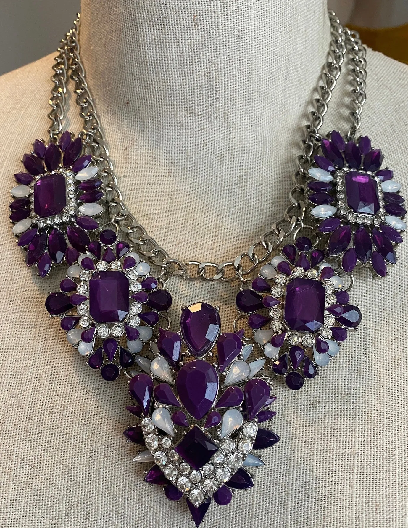 Silvertone Metal Rhinestone Purple Statement Pageant Collar Bib Necklace