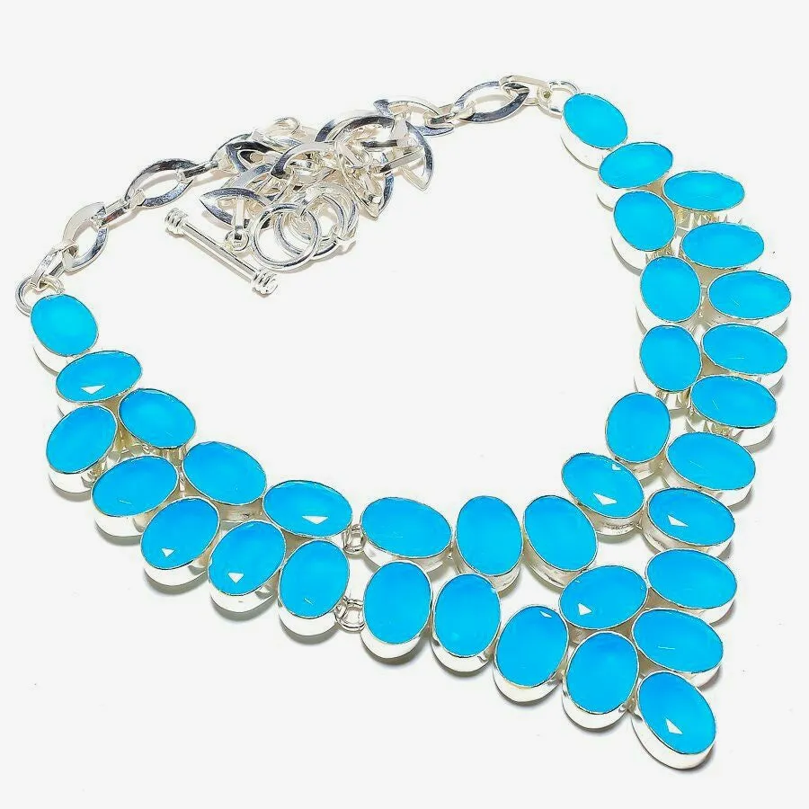 Sky Blue Chalcedony Gemstone Silver Statement Necklace