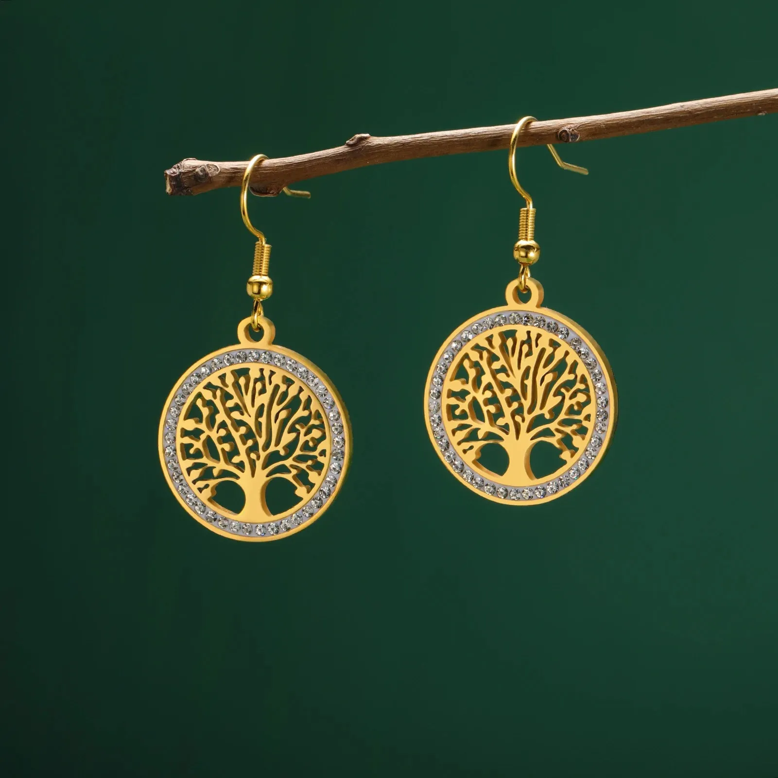 Skyrim Tree of Life Clear Zircon Round Pendant Earrings Stainless Steel Gold Color Dangle Earring Amulet Jewelry Wedding Gift
