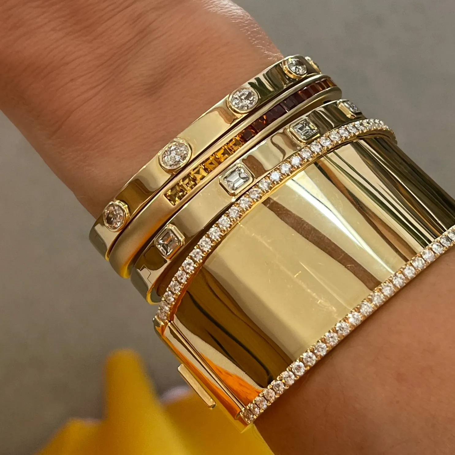 Sleek Emerald Cut Diamond Inlay Hinge Cuff Bracelet