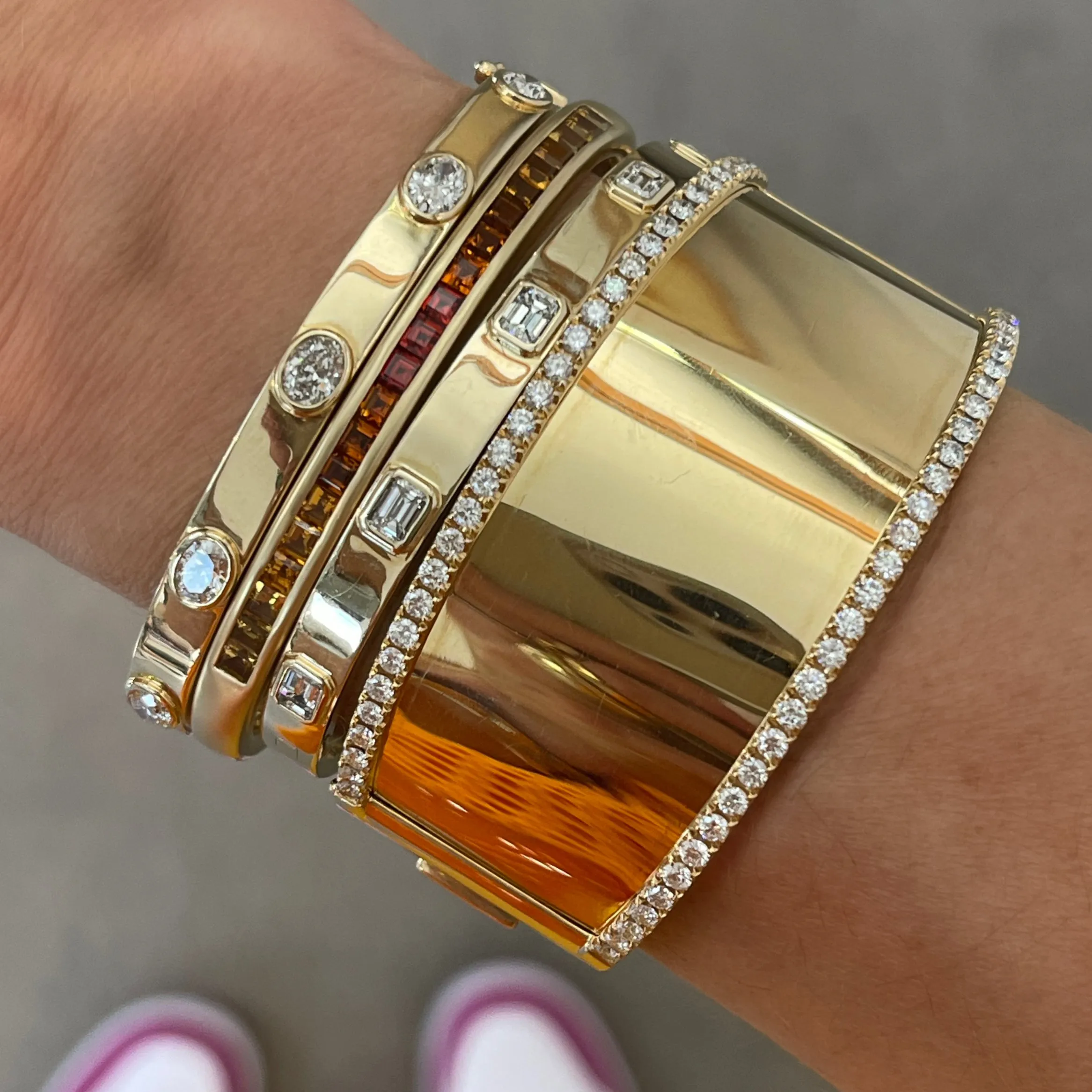 Sleek Emerald Cut Diamond Inlay Hinge Cuff Bracelet