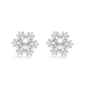 Snowfalke Pearl with Rectangle Zircon Silver Stud Earrings for Women
