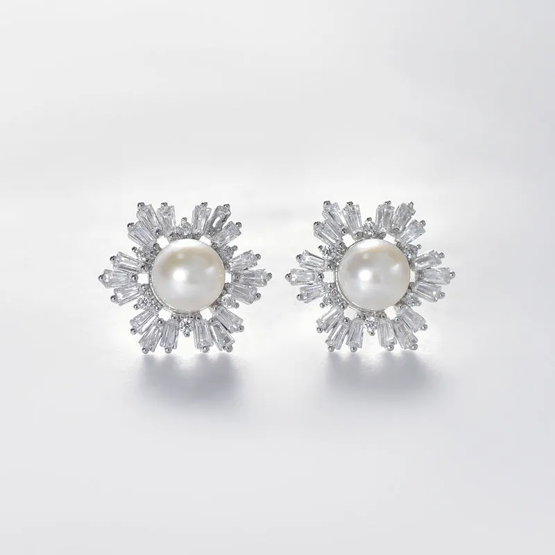 Snowfalke Pearl with Rectangle Zircon Silver Stud Earrings for Women