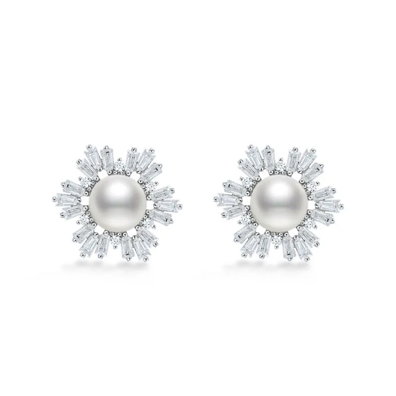 Snowfalke Pearl with Rectangle Zircon Silver Stud Earrings for Women