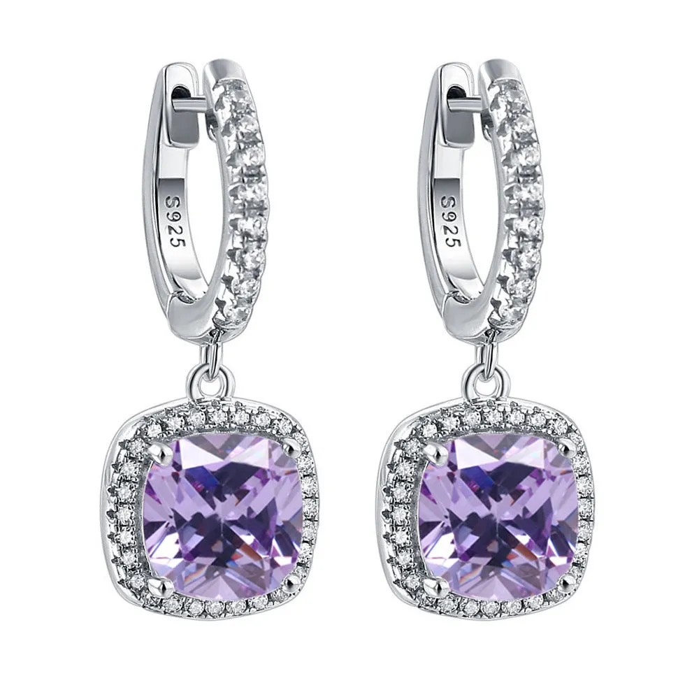 Square Zircon Soleste Halo Pendant Silver Hoop Earrings for Women