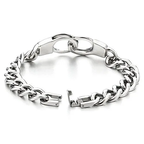 Stainless Steel Mens Womens Handcuff Curb Chain Bangle Bracelet, Silver Color Polished