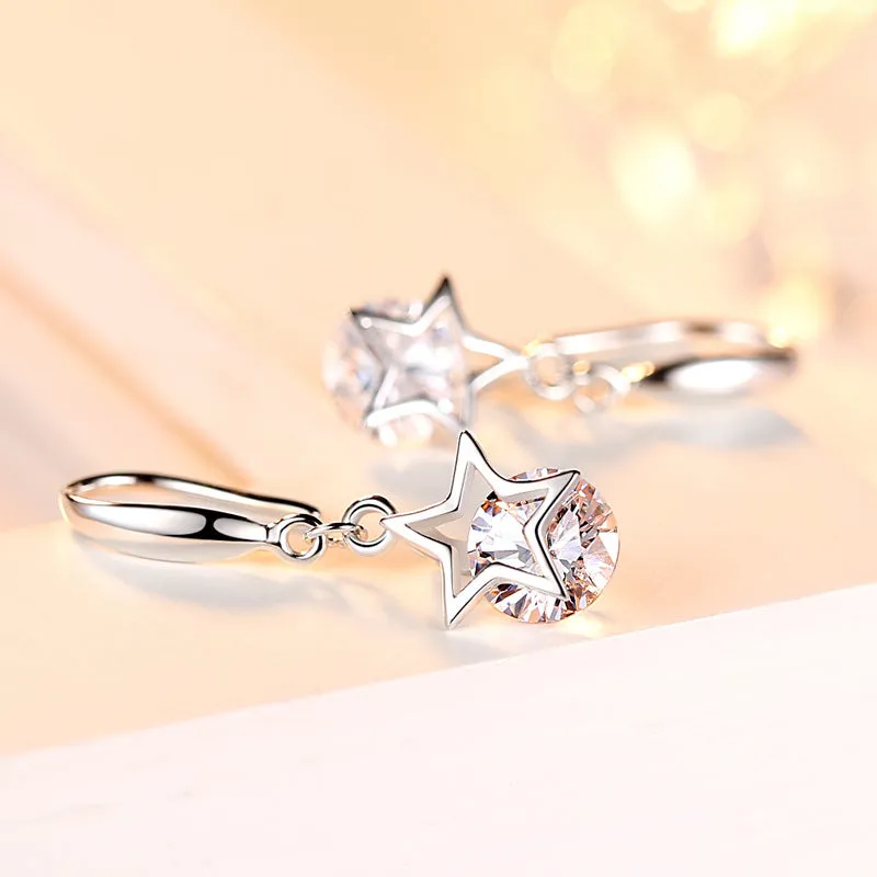 Star with Round Zircon Silver Drop Earrings for Women