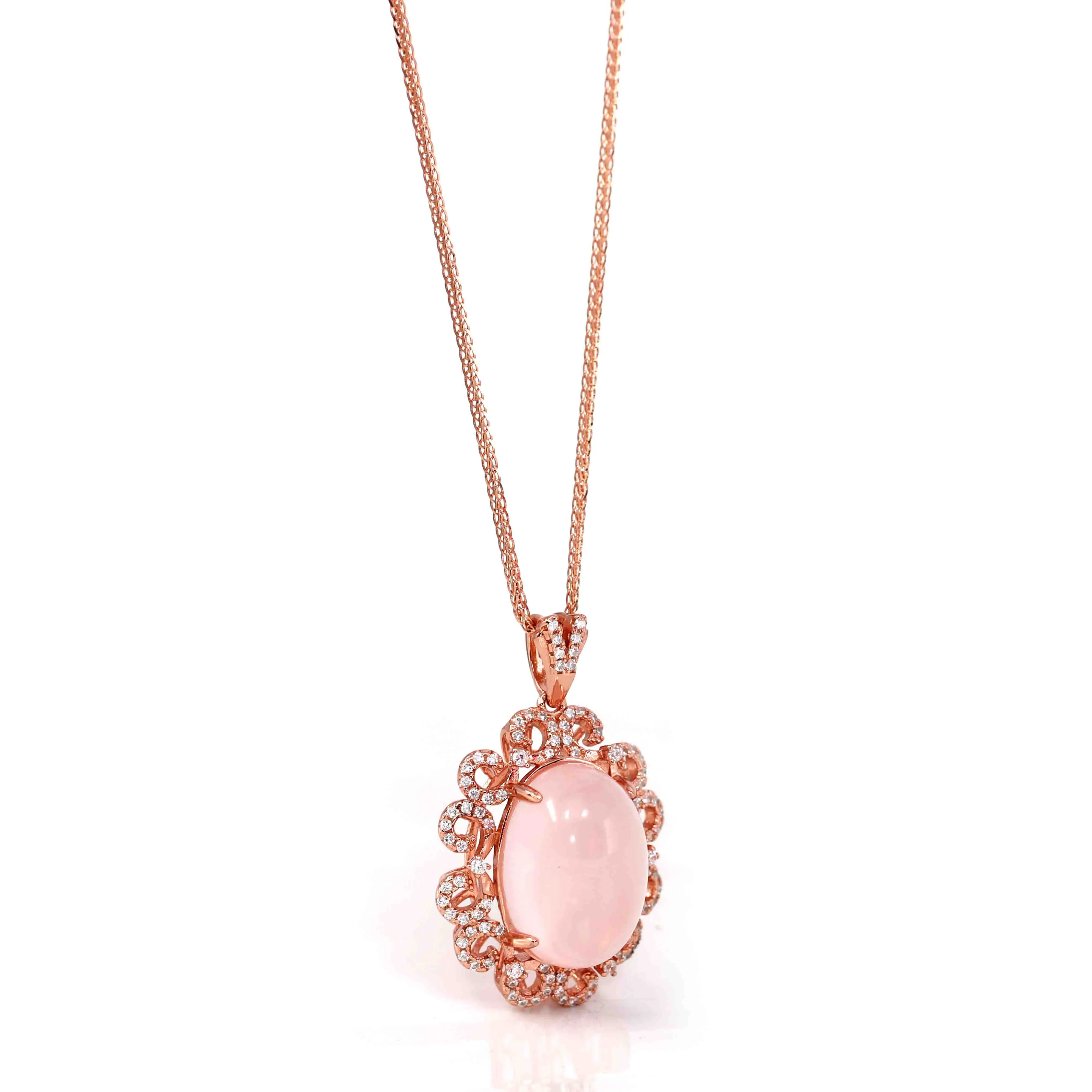 Sterling Silver Natural Cabochon Cut, Rose Quartz Luxury Necklace With CZ