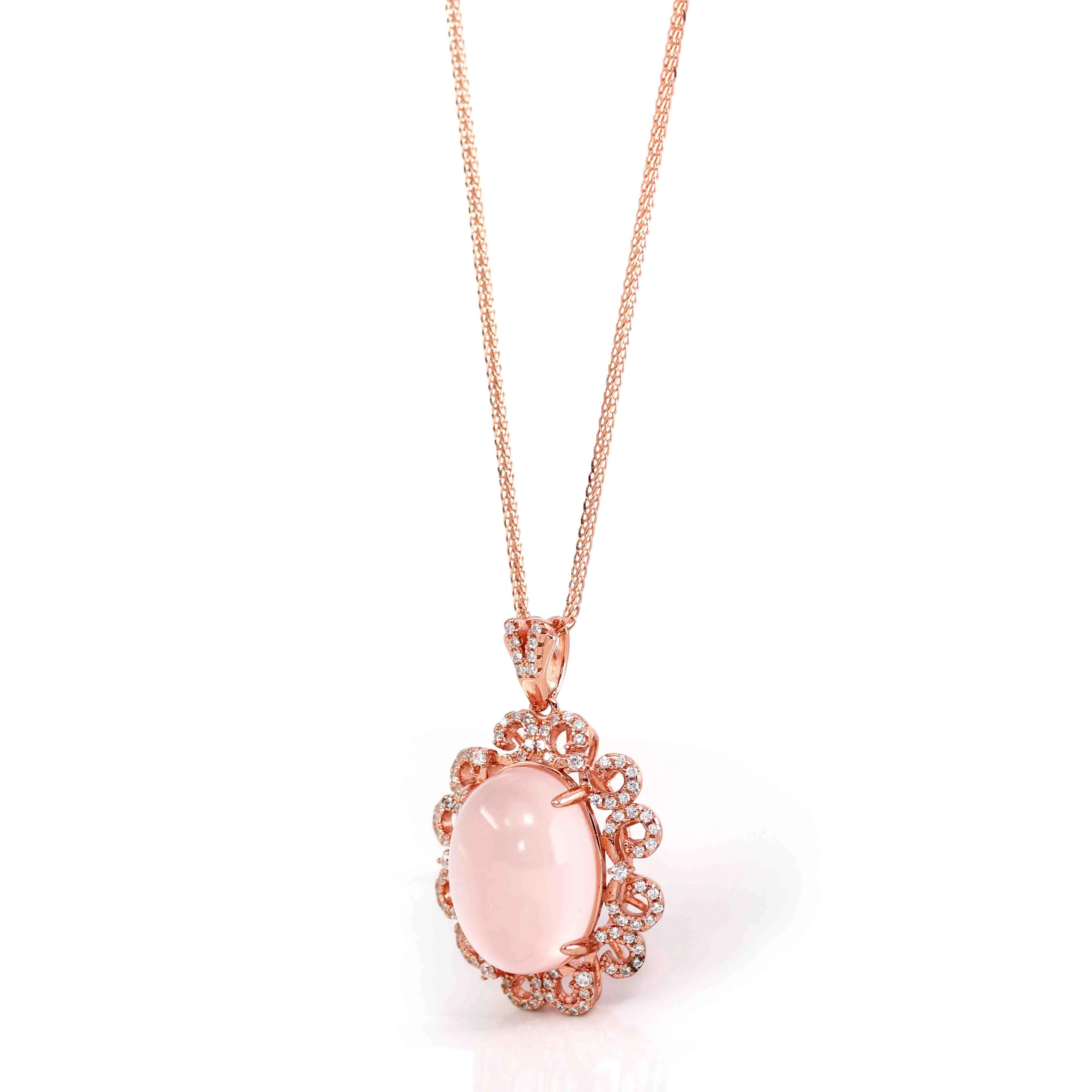 Sterling Silver Natural Cabochon Cut, Rose Quartz Luxury Necklace With CZ