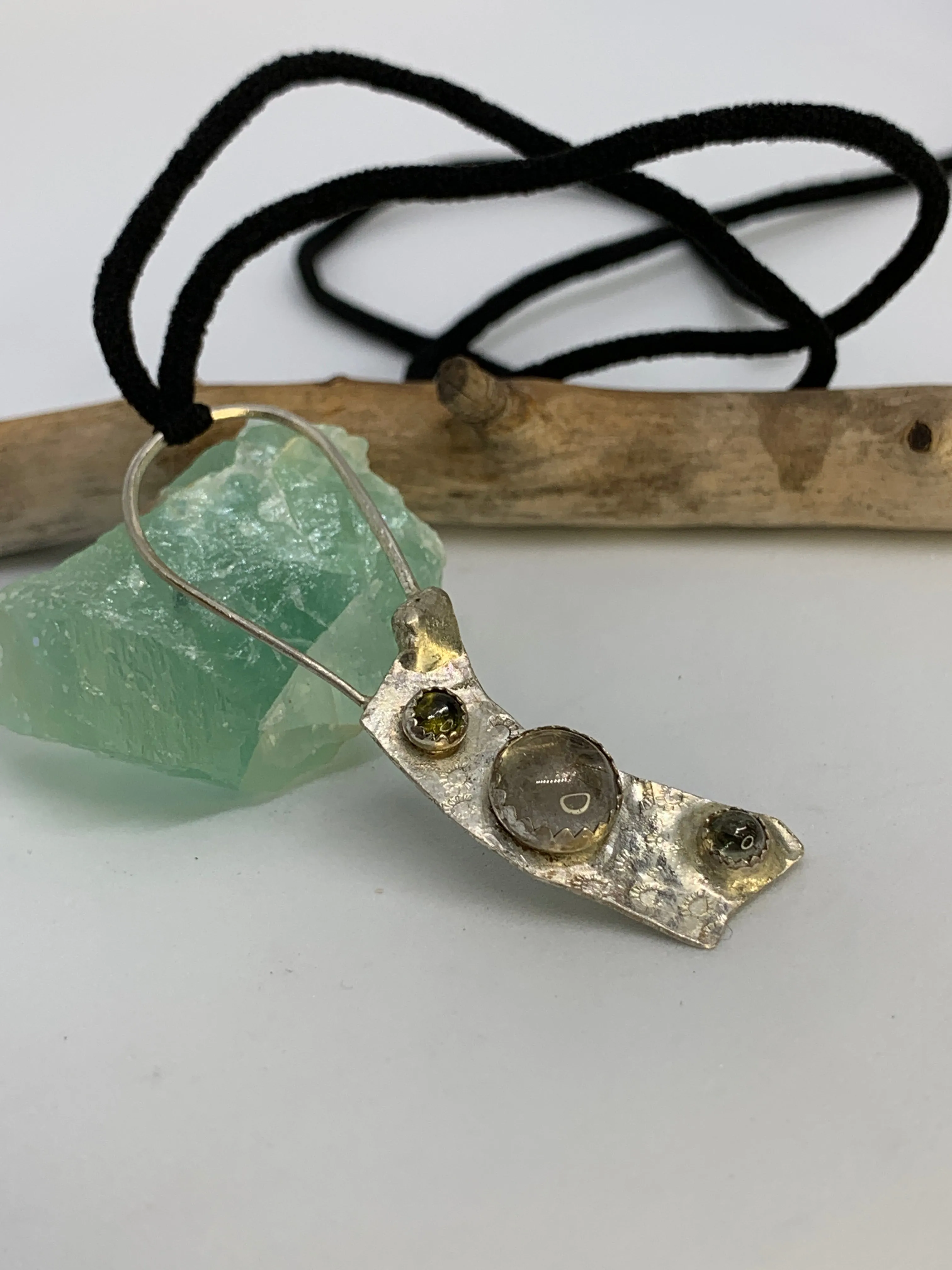 Sterling Silver Rutile Quartz and Green Tourmaline Pendant Necklace