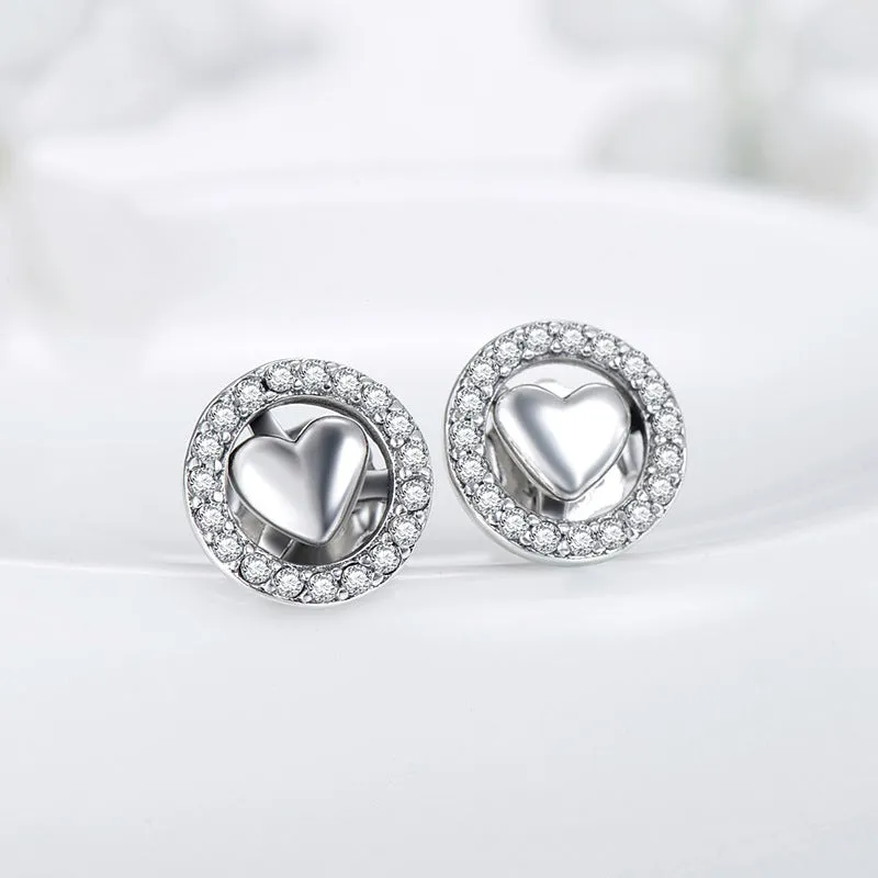 Stylish Sterling Silver Heart-Shaped Stud Earrings with Zircon Accents