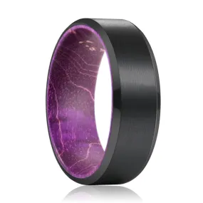TANZ | Purple Wood, Black Tungsten Ring, Brushed, Beveled