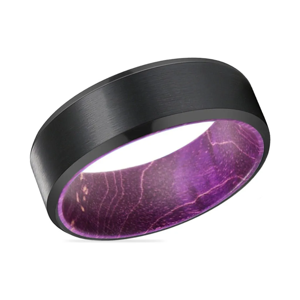 TANZ | Purple Wood, Black Tungsten Ring, Brushed, Beveled