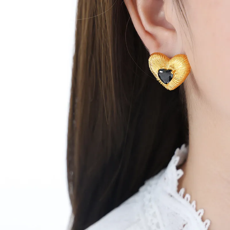 Textured Heart-Shaped Zircon Stud Earrings with French Flair