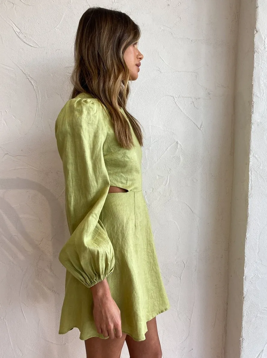 The Wolf Gang Safi Linen Cut Out Dress in Pistachio