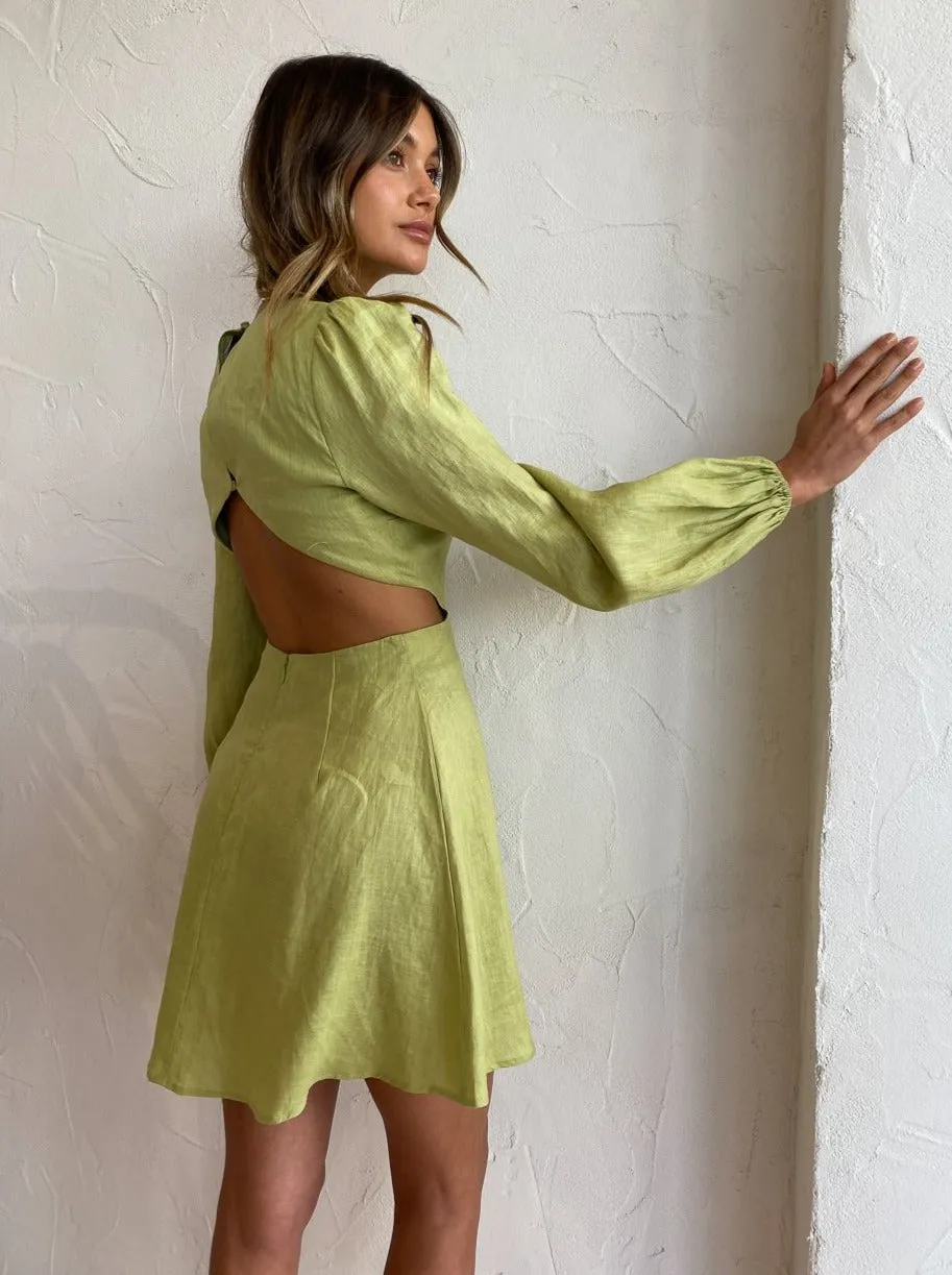 The Wolf Gang Safi Linen Cut Out Dress in Pistachio