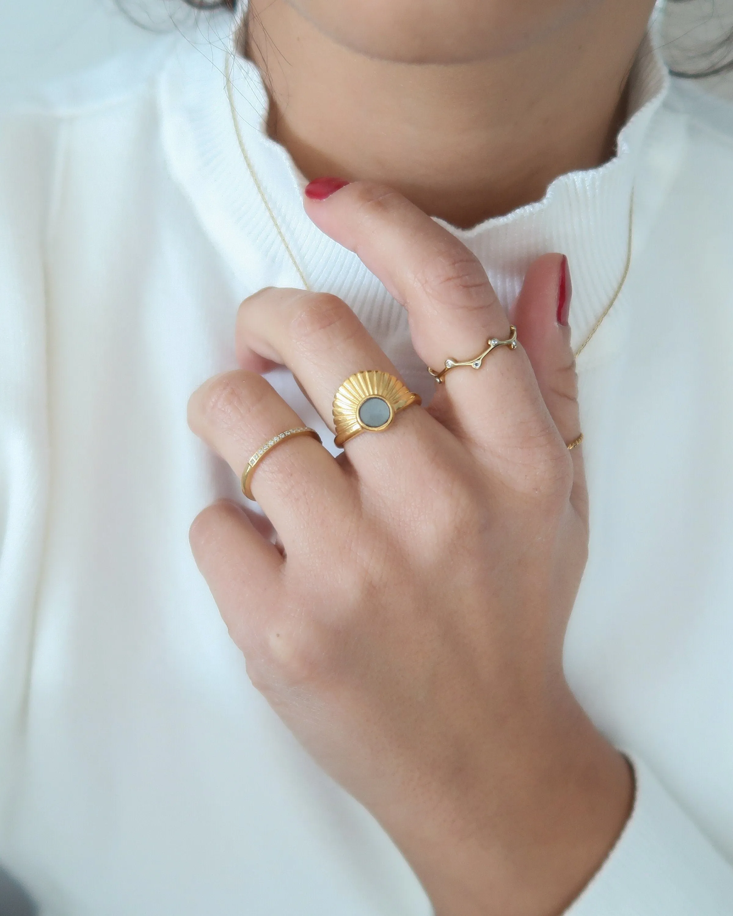 Thin Branch CZ Gold Stacking Ring - 18K Gold Plated Stainless Steel Band
