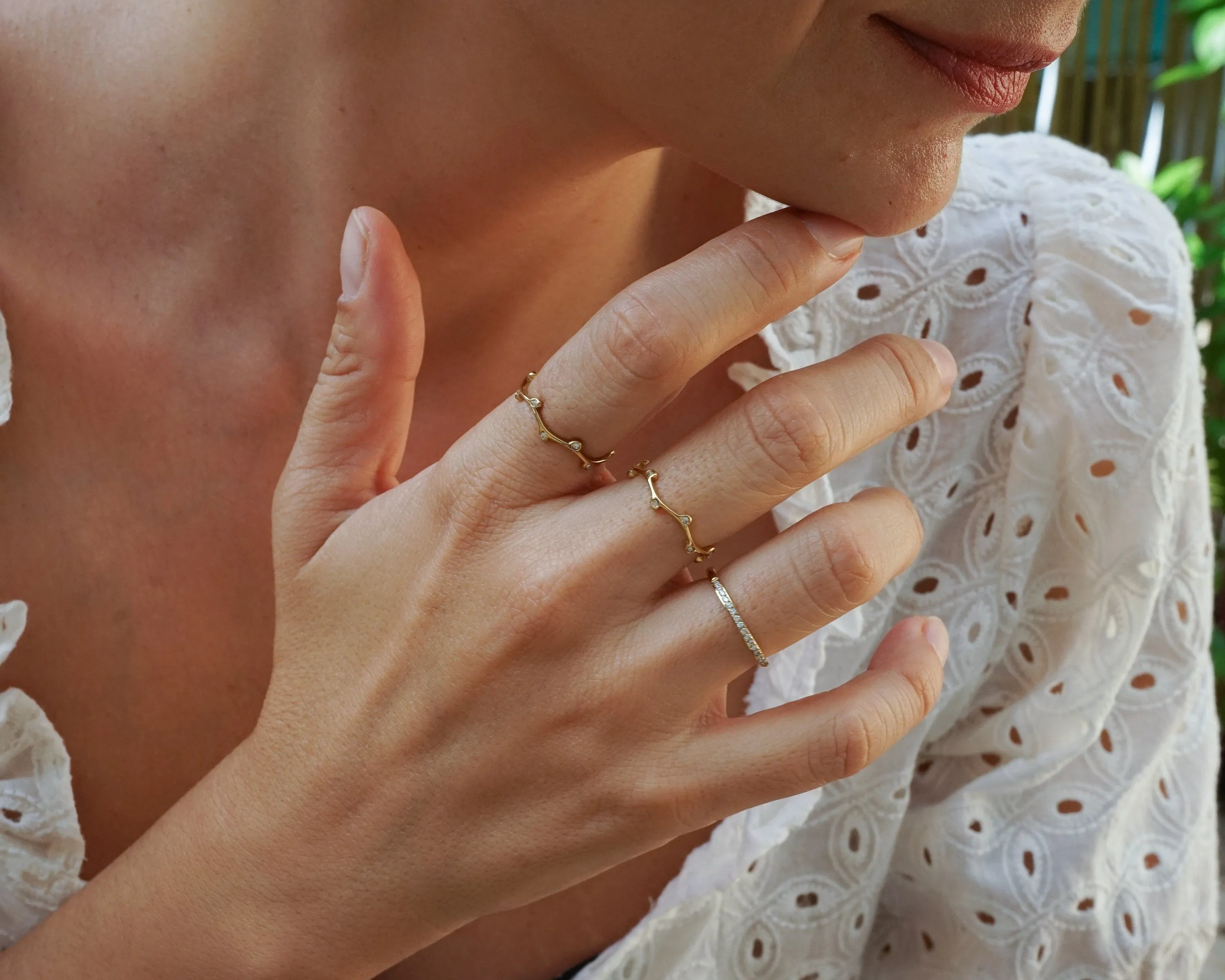 Thin Branch CZ Gold Stacking Ring - 18K Gold Plated Stainless Steel Band