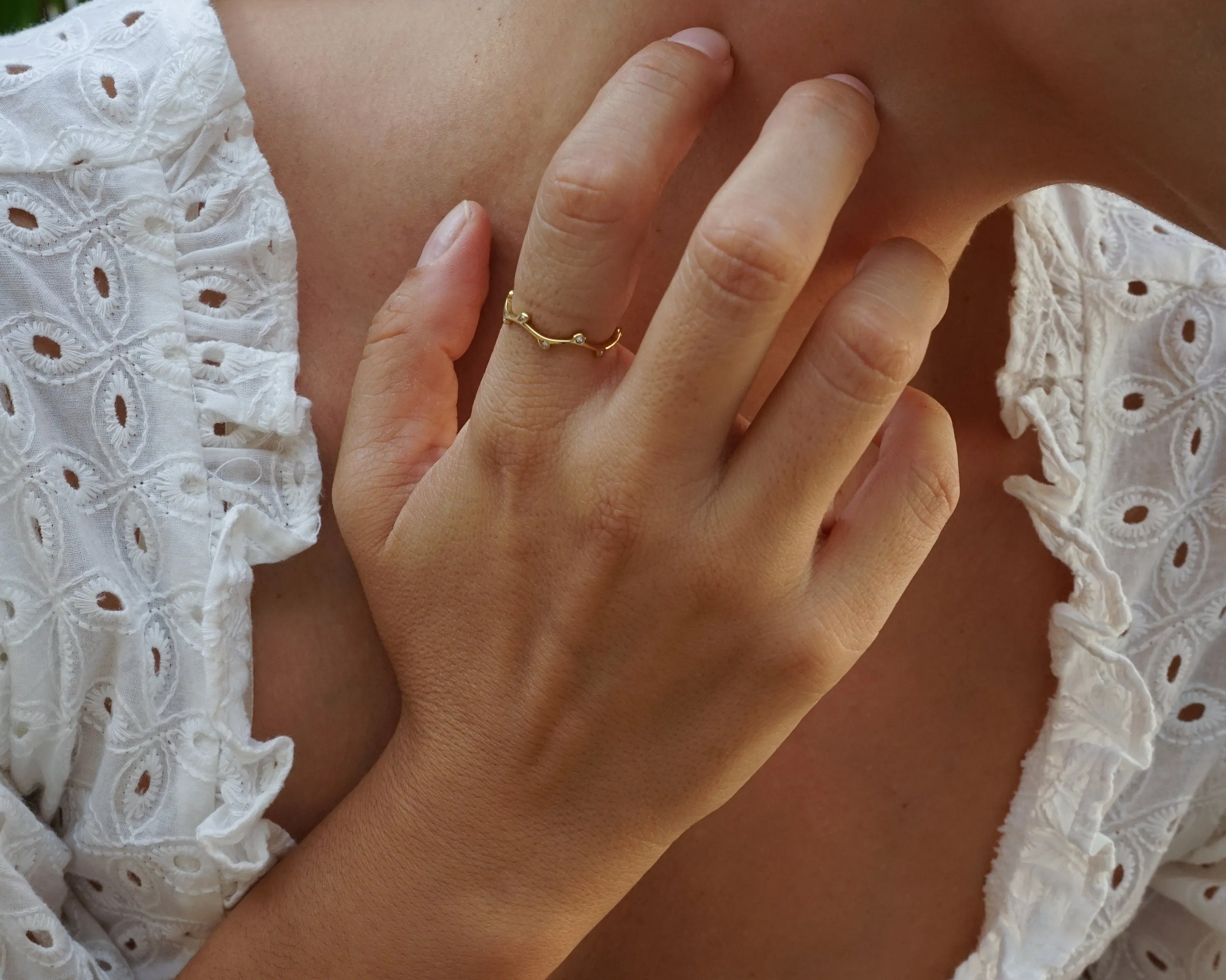 Thin Branch CZ Gold Stacking Ring - 18K Gold Plated Stainless Steel Band