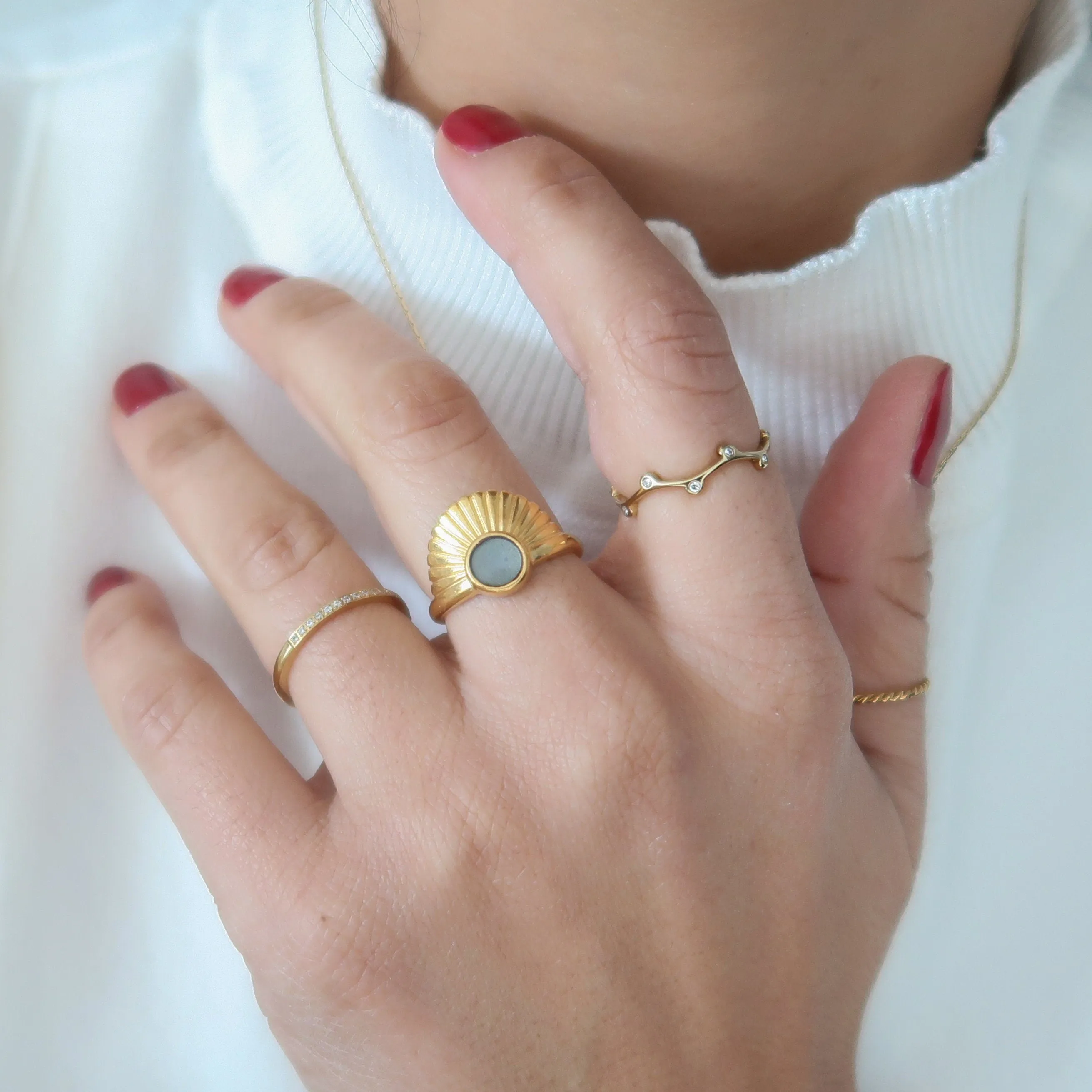 Thin Branch CZ Gold Stacking Ring - 18K Gold Plated Stainless Steel Band