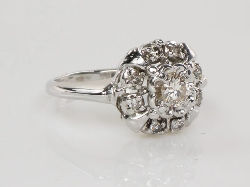 Vintage 14k White Gold Diamond Halo Engagement Ring, Approx 1/3 Carat TDW Diamond Cluster Ring