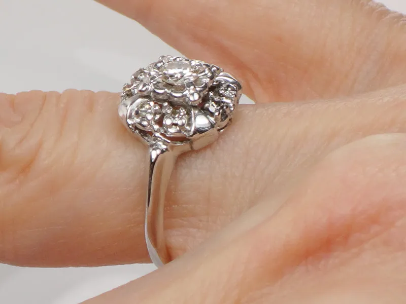 Vintage 14k White Gold Diamond Halo Engagement Ring, Approx 1/3 Carat TDW Diamond Cluster Ring