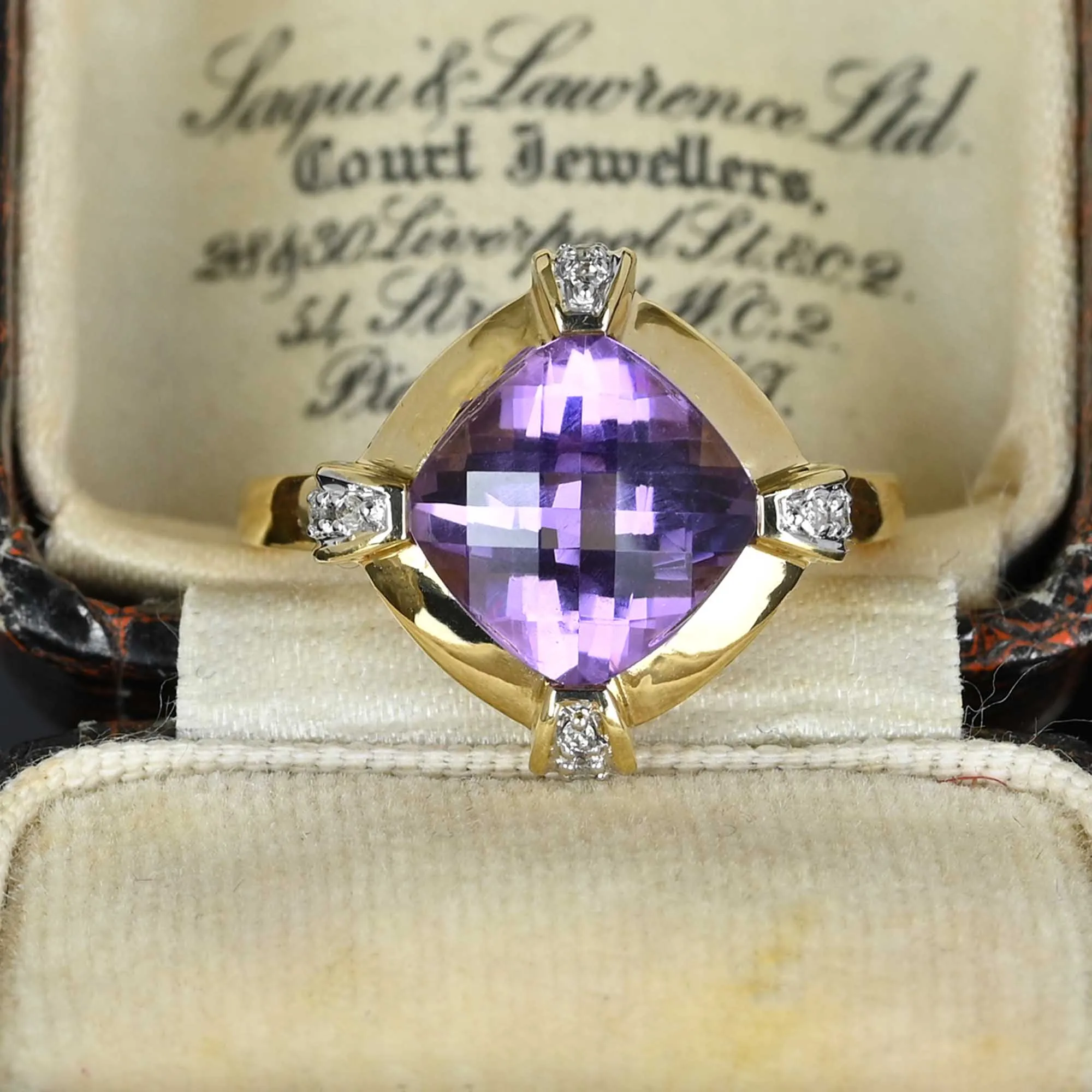 Vintage Cushion Checkerboard Cut Amethyst Ring