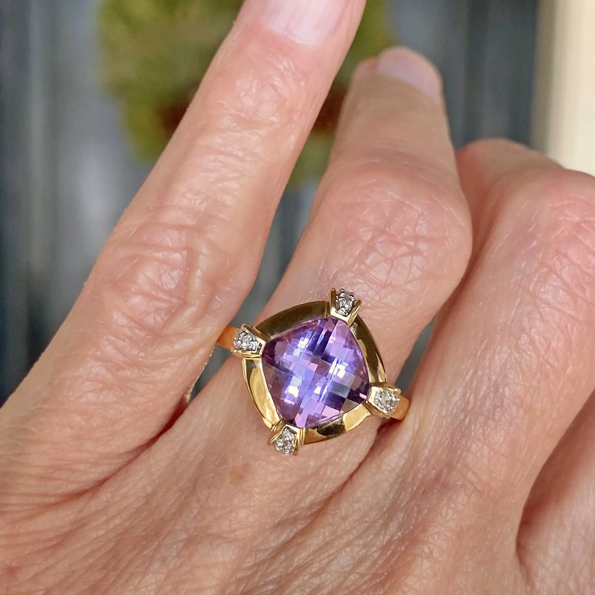 Vintage Cushion Checkerboard Cut Amethyst Ring