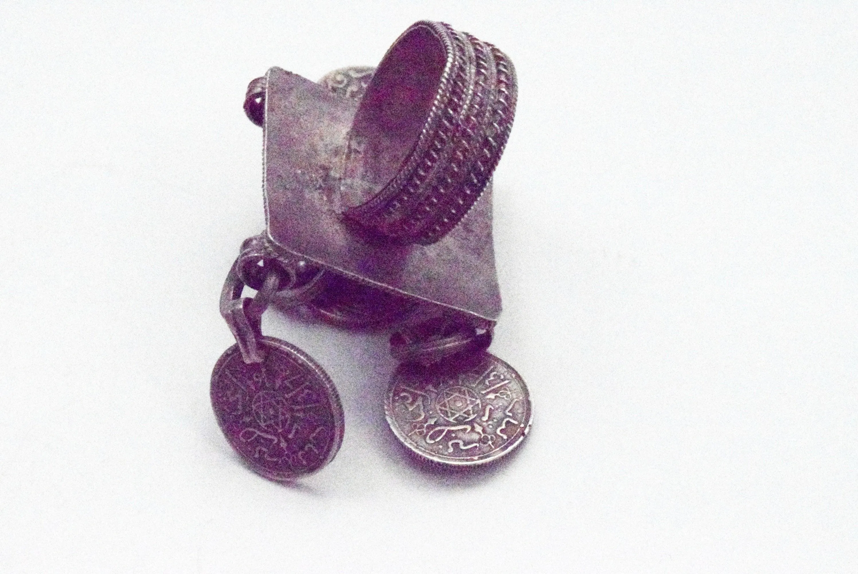 Vintage Silver and Enamel Moroccan Berber Ring with Coins