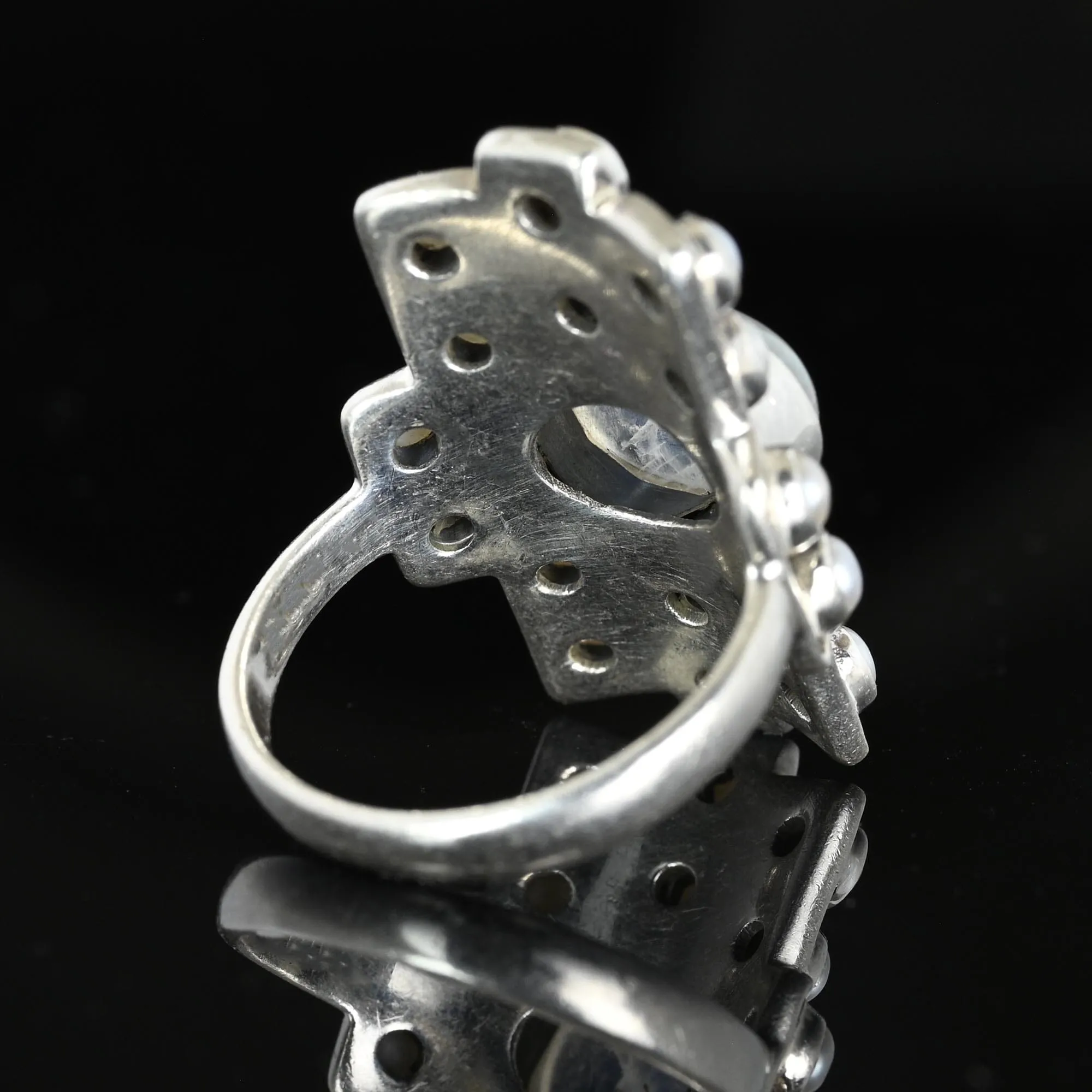 Vintage Statement Silver Pearl Moonstone Cabochon Ring