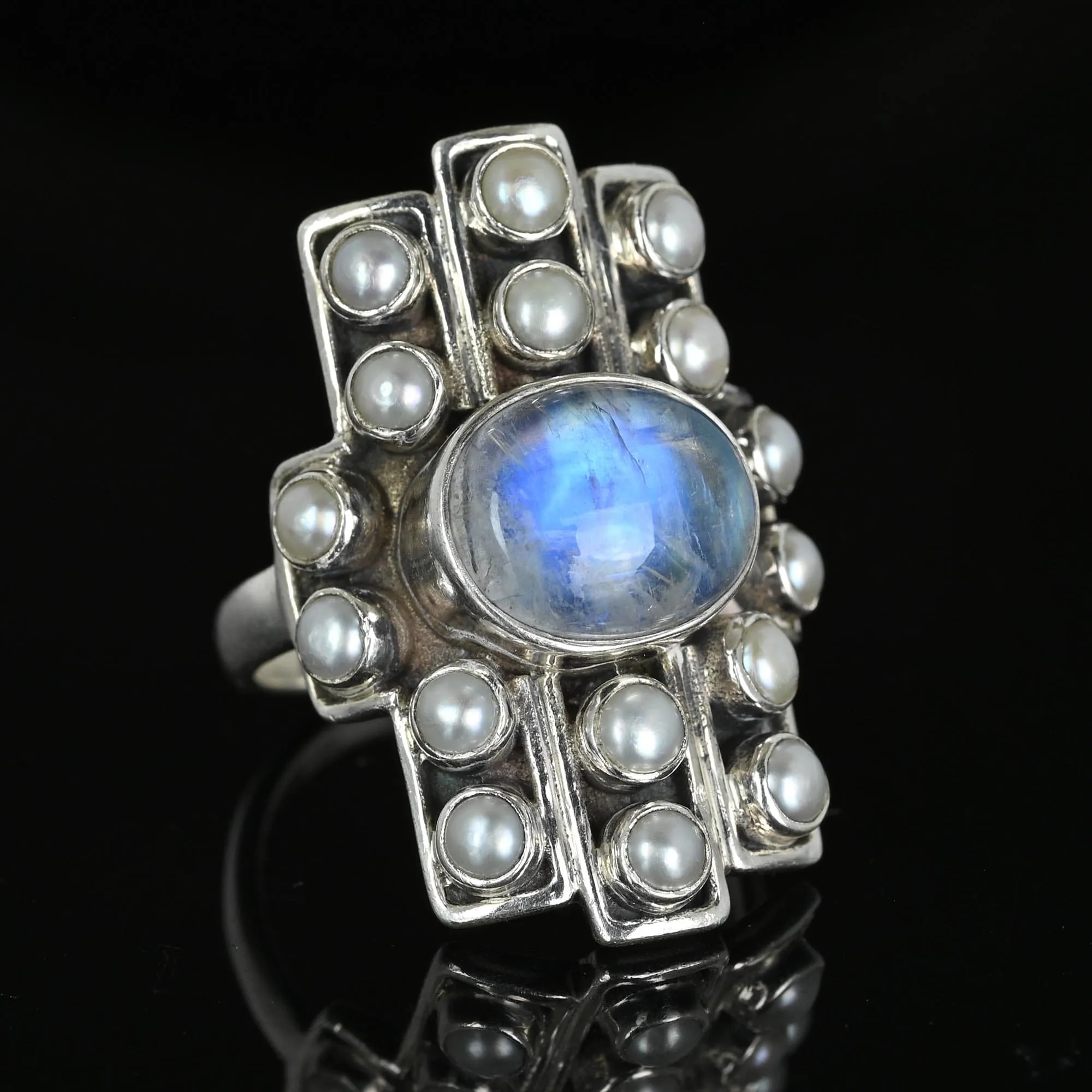 Vintage Statement Silver Pearl Moonstone Cabochon Ring
