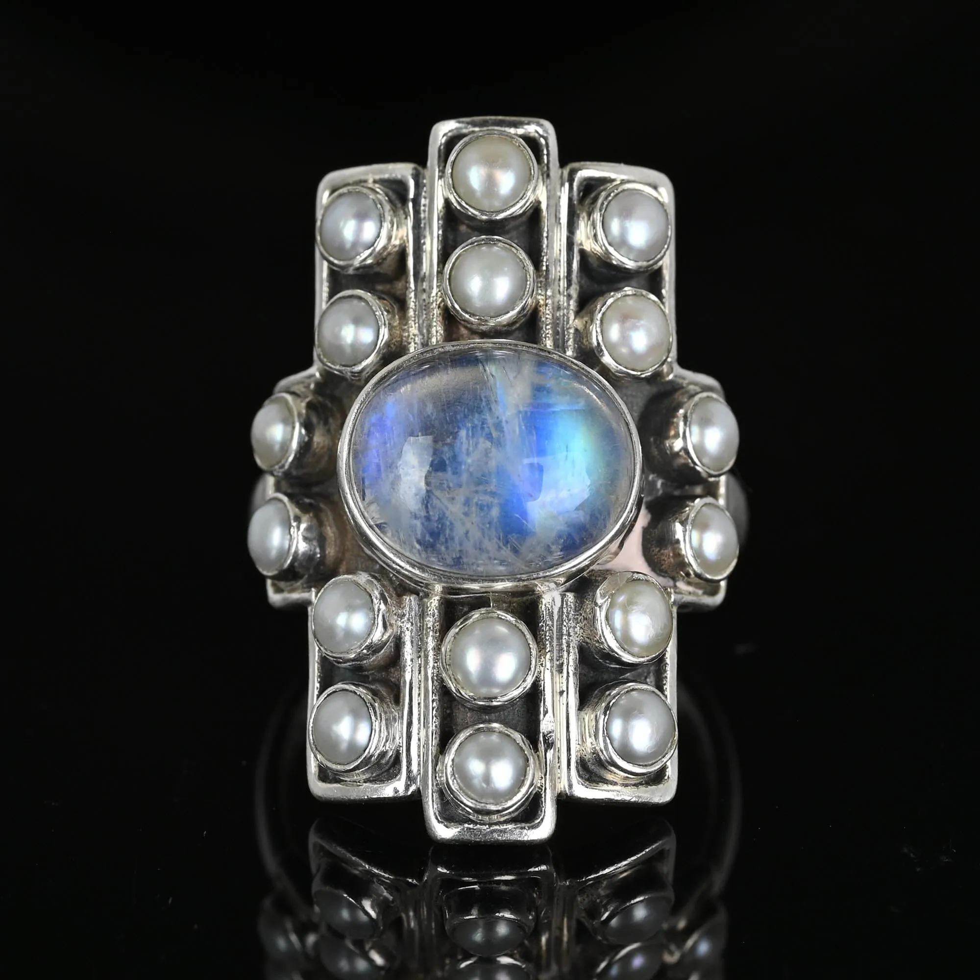 Vintage Statement Silver Pearl Moonstone Cabochon Ring