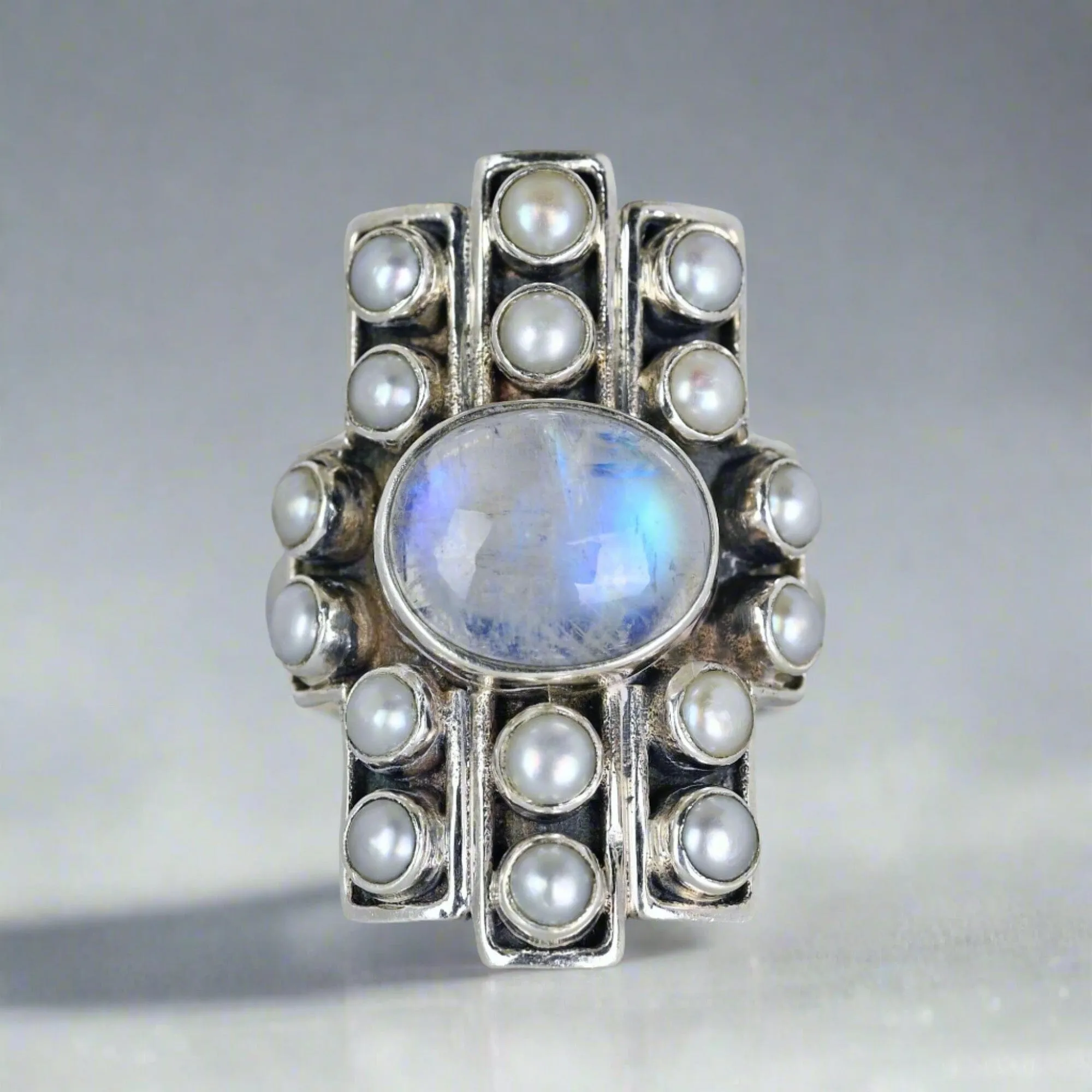 Vintage Statement Silver Pearl Moonstone Cabochon Ring