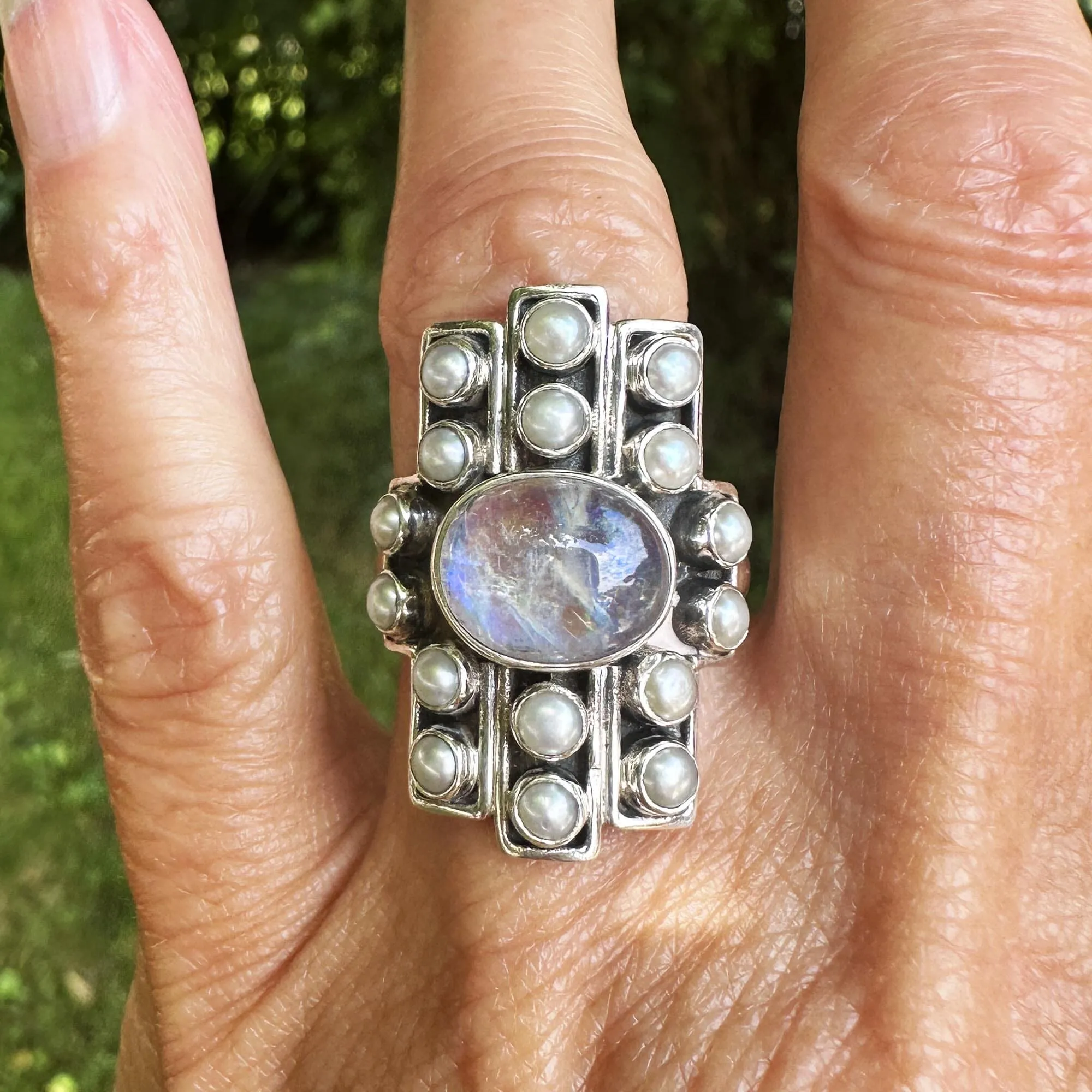 Vintage Statement Silver Pearl Moonstone Cabochon Ring