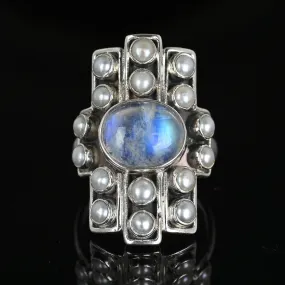 Vintage Statement Silver Pearl Moonstone Cabochon Ring