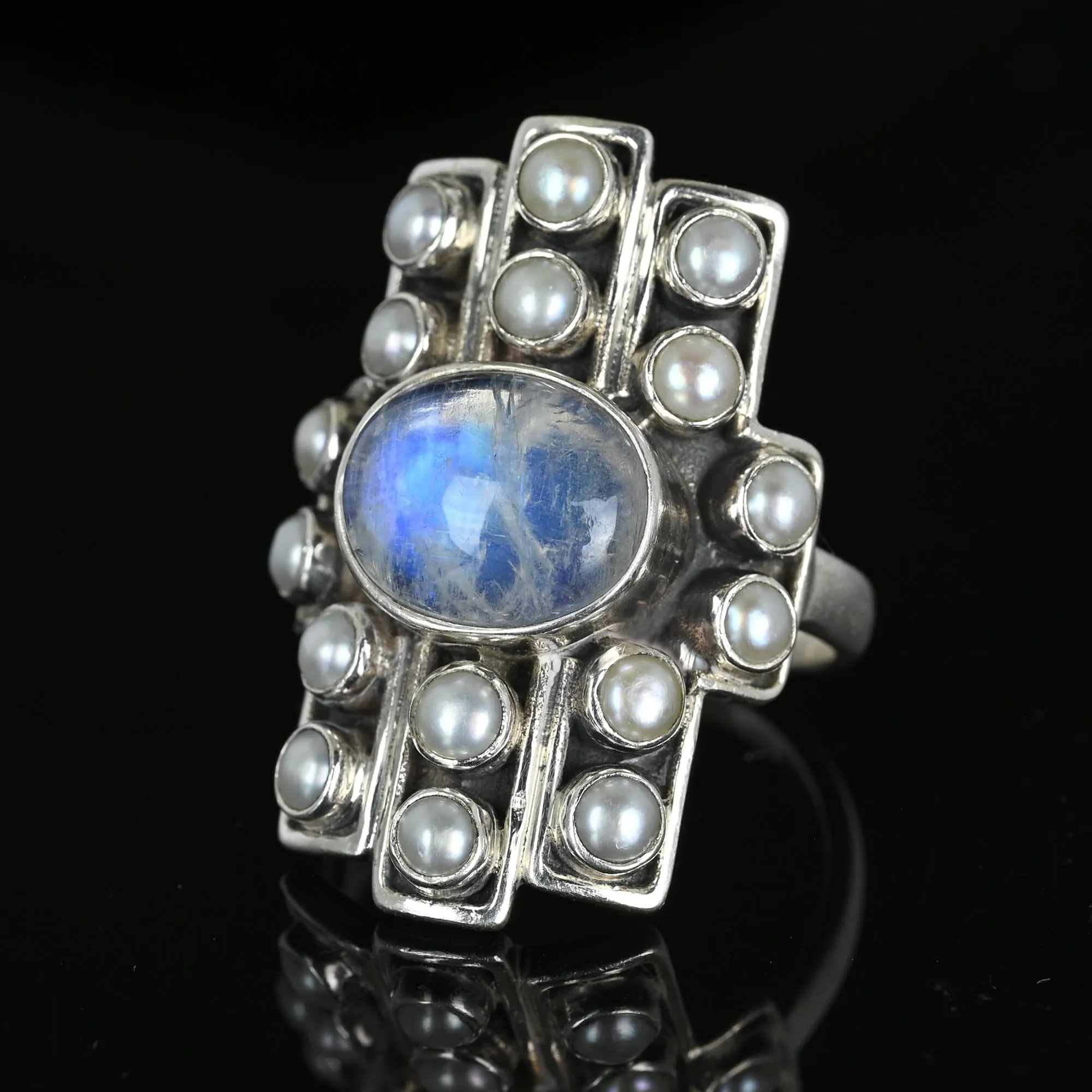 Vintage Statement Silver Pearl Moonstone Cabochon Ring