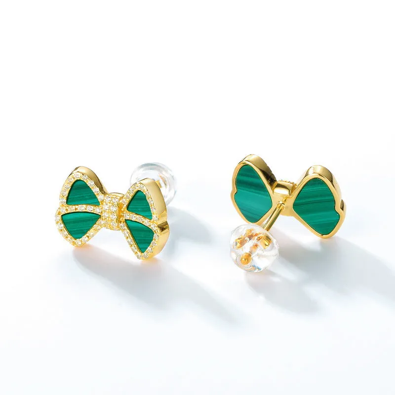 Zircon Malachite Bowknot Sterling Silver Stud Earrings
